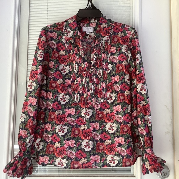 J. Crew Tops - J Crew Liberty Navy and Red/Pink floral blouse. Size M. Beautiful! EUC